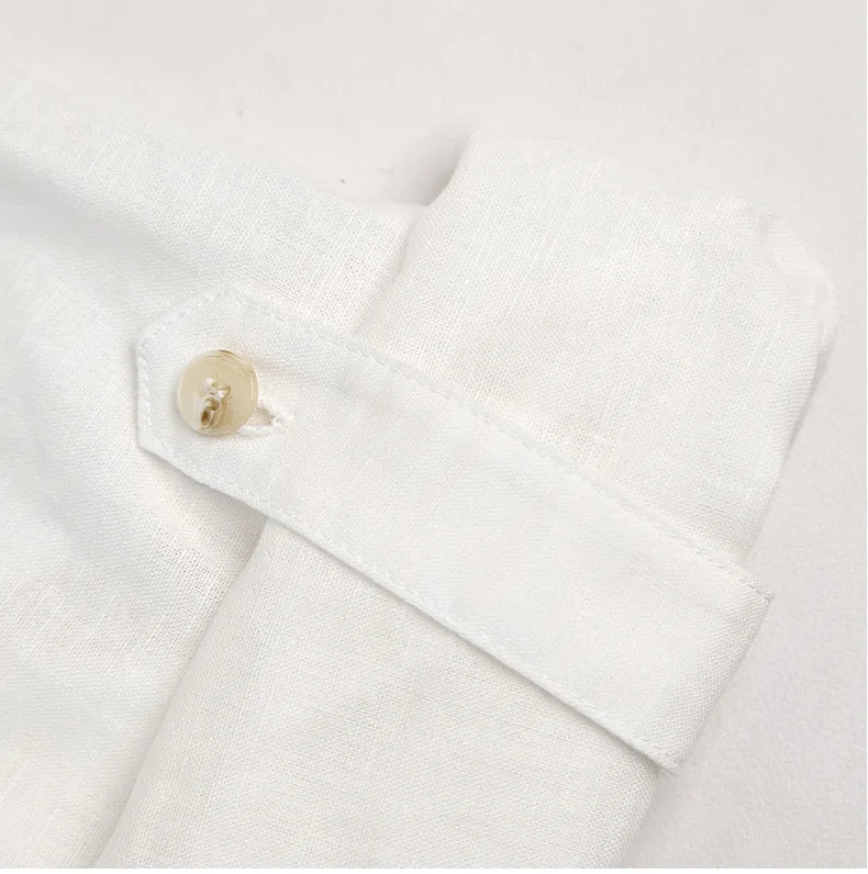 Retro Cotton Linen V-Neck Long-Sleeved Collared Shirt