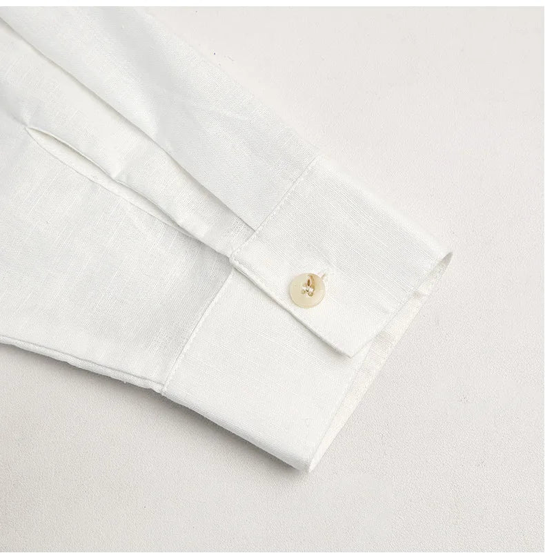 Retro Cotton Linen V-Neck Long-Sleeved Collared Shirt