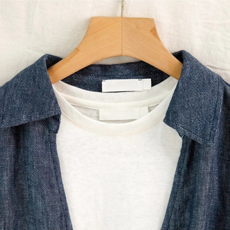 Linen Deep V-Neck Shirt Paired With A White Vest