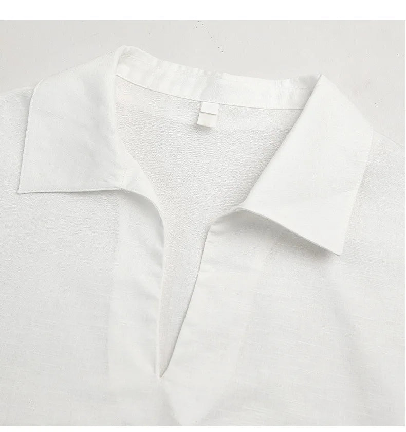 Retro Cotton Linen V-Neck Long-Sleeved Collared Shirt